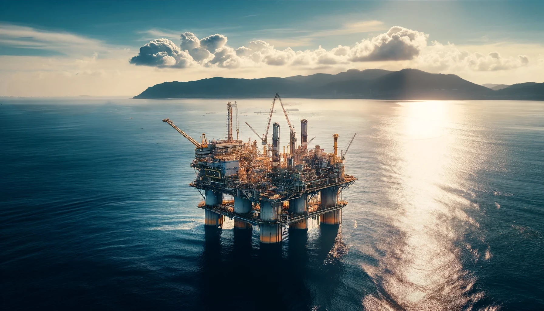 DALL·E 2024-05-21 16.26.03 – An offshore oil platform in the waters. The platform is large, with towering structures and cranes, surrounded by the vast blue ocean. The background